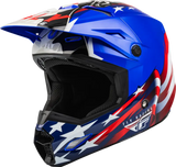 Blue, red, and white American flag-themed Fly Racing helmet tree header for helmet tree display