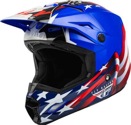 Blue, red, and white American flag-themed Fly Racing helmet tree header for helmet tree display