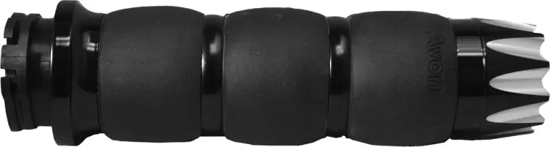 Black motorcycle handlebar grip with segmented rubber and chrome end cap for Fly By Wire Velvet Air Grips Excaliber Black