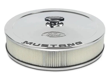 Chrome Ford Mustang air cleaner kit with Mustang emblem for enhanced airflow