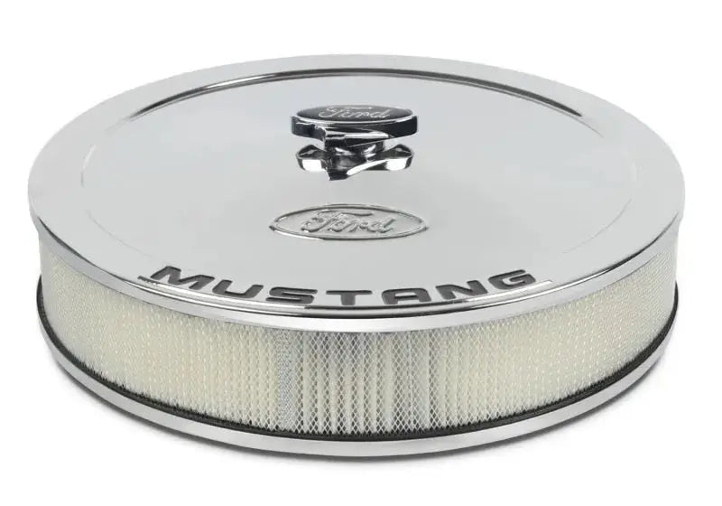 Chrome Ford Mustang air cleaner kit with Mustang emblem for enhanced airflow