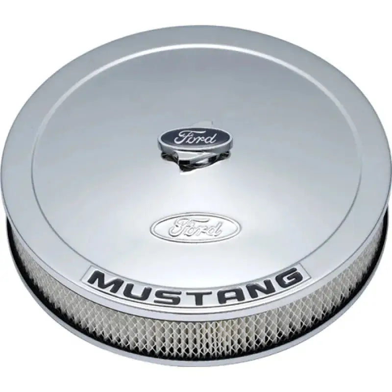 Chrome Ford Mustang air cleaner kit with Mustang emblem for boosted airflow