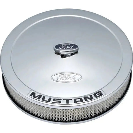 Chrome Ford Mustang air cleaner kit with Mustang emblem for boosted airflow