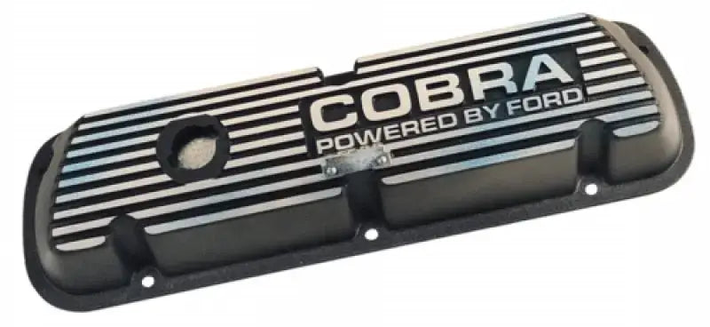 Ford Racing Black Satin Valve Cover featuring a sleek black and silver Cobra design