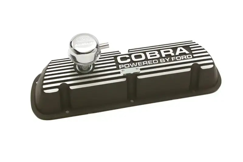 Ford Racing Black Satin Valve Cover featuring a sleek black and silver Cobra design