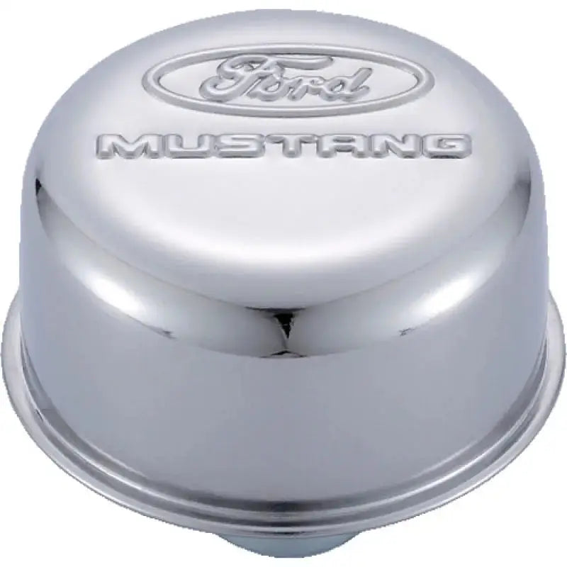 Shiny chrome Ford Mustang breather cap with Ford Racing Chrome logo for muscle car enthusiasts