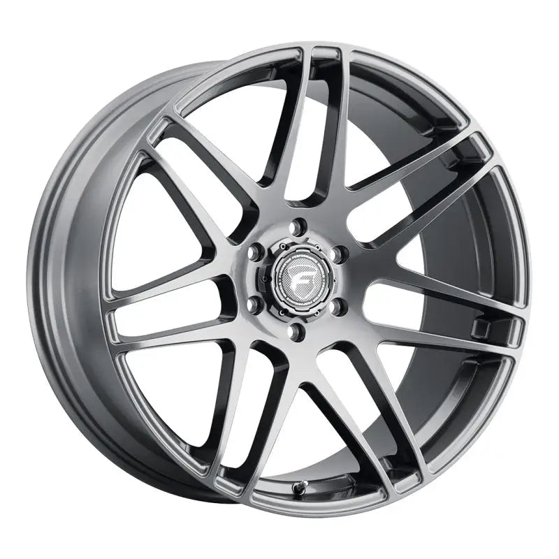 Silver car wheel with thin spokes.