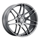 Silver car wheel with thin spokes.