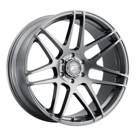 Silver car wheel with thin spokes.