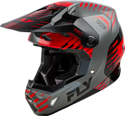 Gray and red motocross helmet with impact energy cells for extra protection