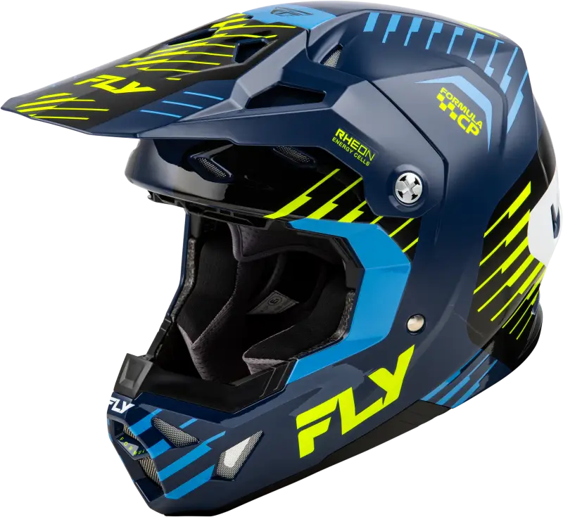 Blue and yellow motocross helmet with impact energy cells for enhanced protection