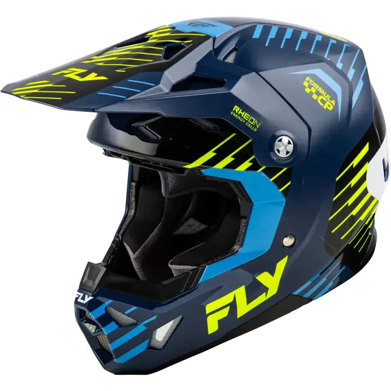 Blue and yellow motocross helmet with impact energy cells for enhanced protection