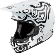 White motocross helmet with black zebra pattern for crash occurs, fits XS sizes