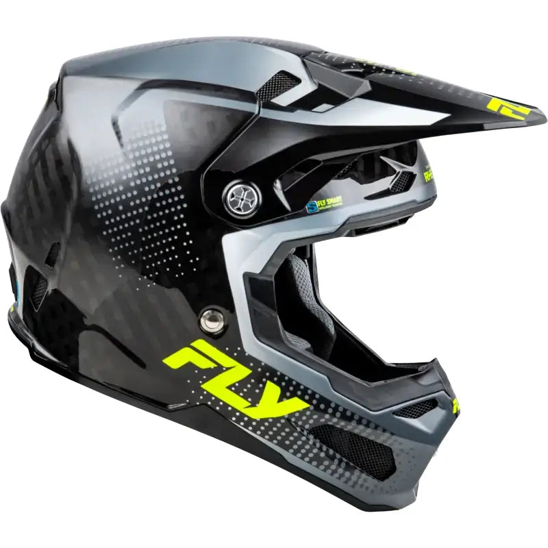 Black and gray motocross helmet from Formula S Carbon Protocol HLMT with impact energy cells