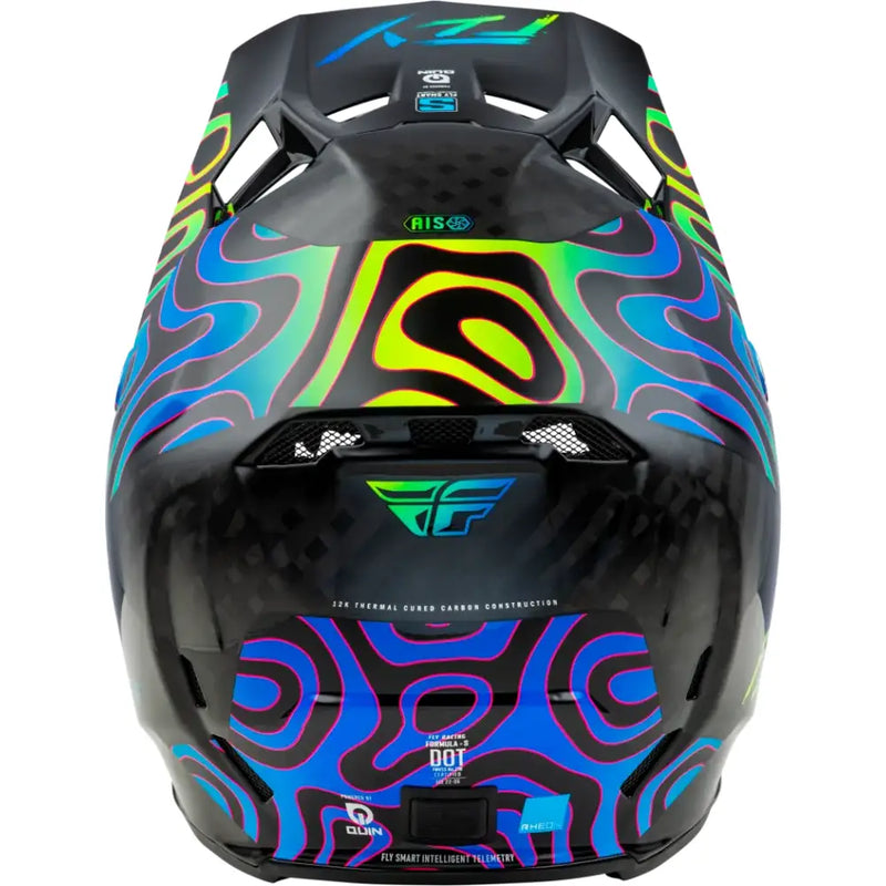 Black motocross helmet with colorful swirl design for crash occurs, ideal for fly smart app users