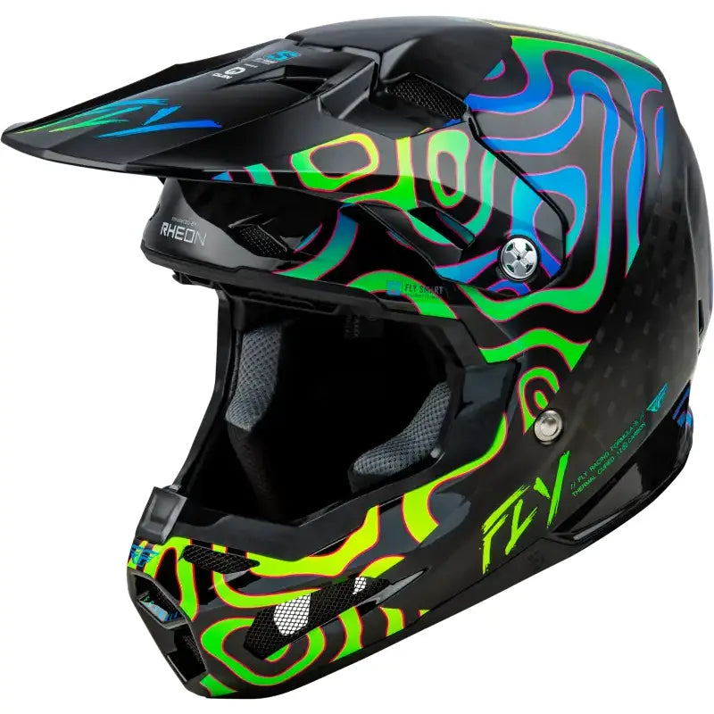 Black motocross helmet with colorful wavy design for crash protection and impact energy cells