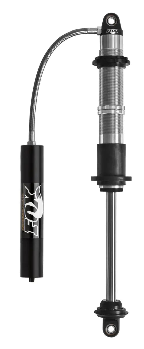 Silver and black Fox 2.0 Factory Series coilover shock with remote reservoir and CD adjuster