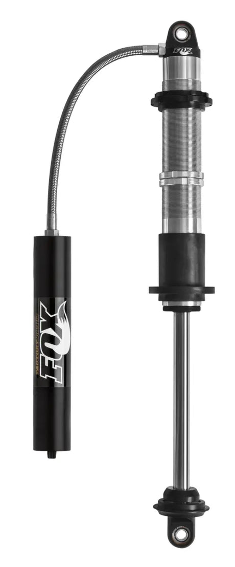 Silver and black Fox 2.0 Factory Series coilover shock with remote reservoir and CD adjuster