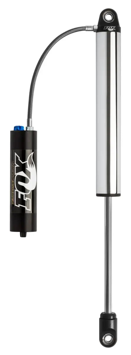 Silver and black Fox factory series coilover shock with remote reservoir for bike suspension