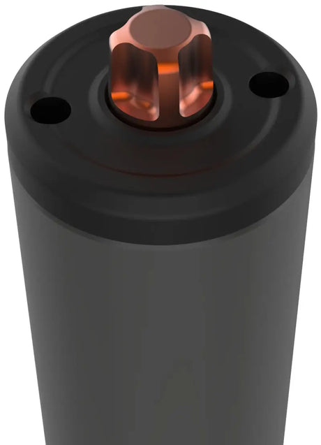 Gray cylindrical bump stop with copper-colored hex head for Fox Factory Race shock mounting