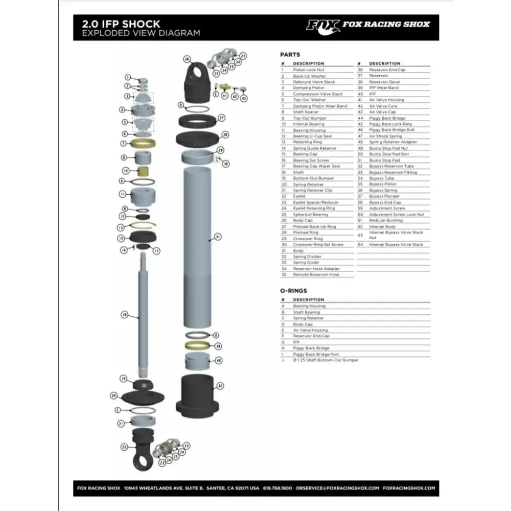 Exploded view of Fox replacement chrome shaft for 2.0 IFP shock absorber
