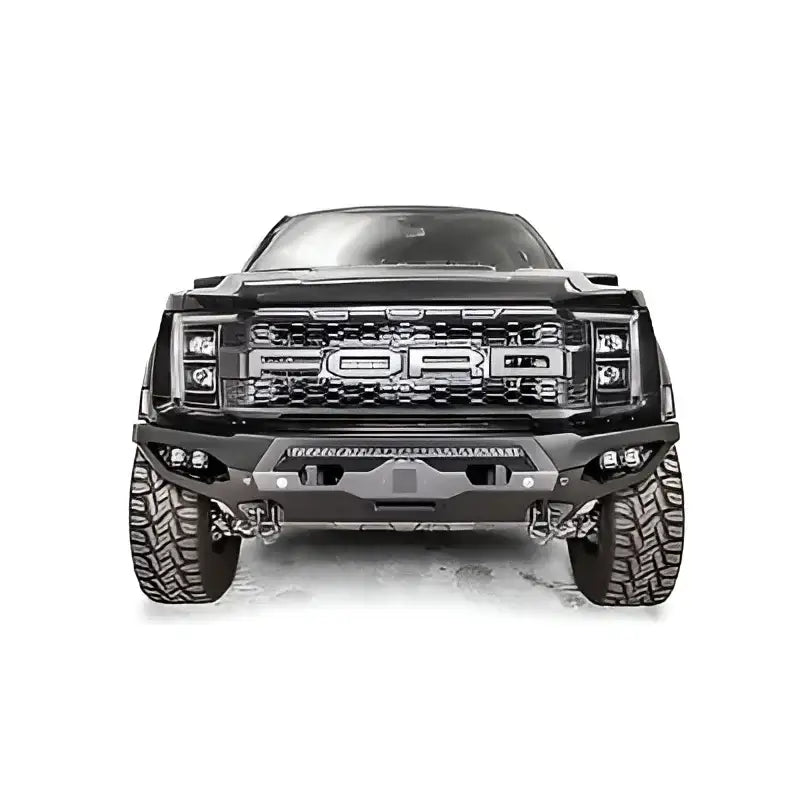 Front view of a rugged vehicle equipped with the Fab Fours Matrix Front bumper, designed for premium front-end protection and enhanced aesthetic with durable construction for off-road use.