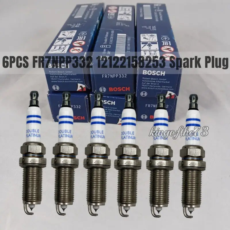 Six Bosch FR7NPP332 double platinum spark plugs for high-performance engines