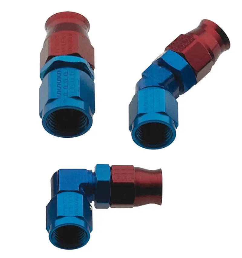 Blue and red anodized Fragola -3AN straight hose end fitting for high-performance hoses