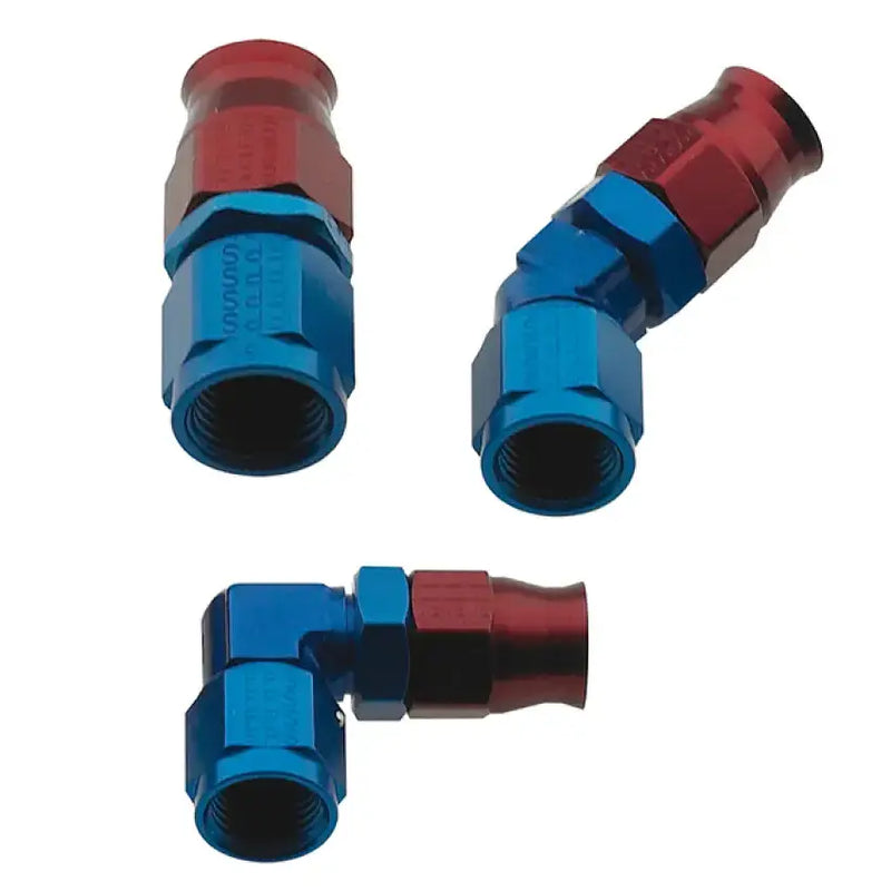 Blue and red anodized Fragola -3AN straight hose end fitting for high-performance hoses