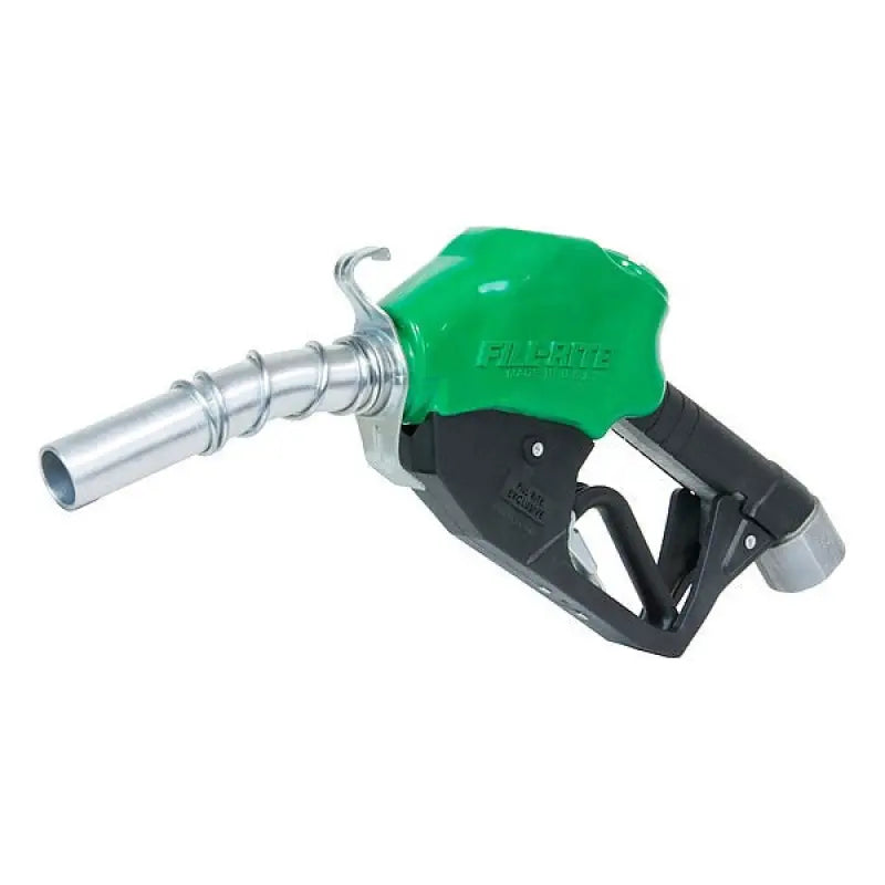 Green and black fuel nozzle on FRHPN075 Fill Rite Hand Pump Spout for easy fueling