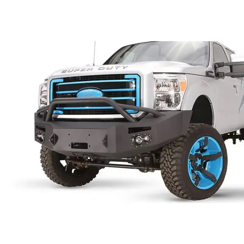 Fab Fours 2011-2016 Ford Super Duty F250-F550 Red Steel Bumper installed on a white truck, showcasing rugged design and superior strength for both on and off-road use, Bumpers, Grilles & Guards, AVADA - Best Sellers, Must Haves.