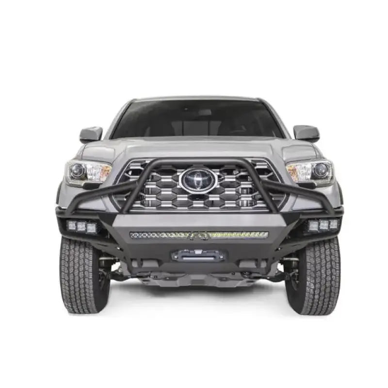 Front view of a 2017 Ford F250-350 equipped with Fab Fours FS17-A4150-1 winch bumper in black and gray finish.