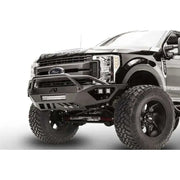 Fab Fours FS17-V4152-1 Vengeance Front Bumper on 2017 Ford F250/F350, showing heavy-duty construction, integrated LED light bar, winch-ready design, and aggressive off-road style.
