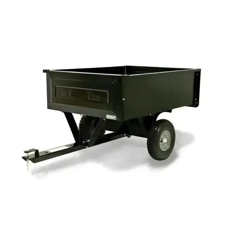 Black metal trailer with robust construction designed for heavy-duty use.