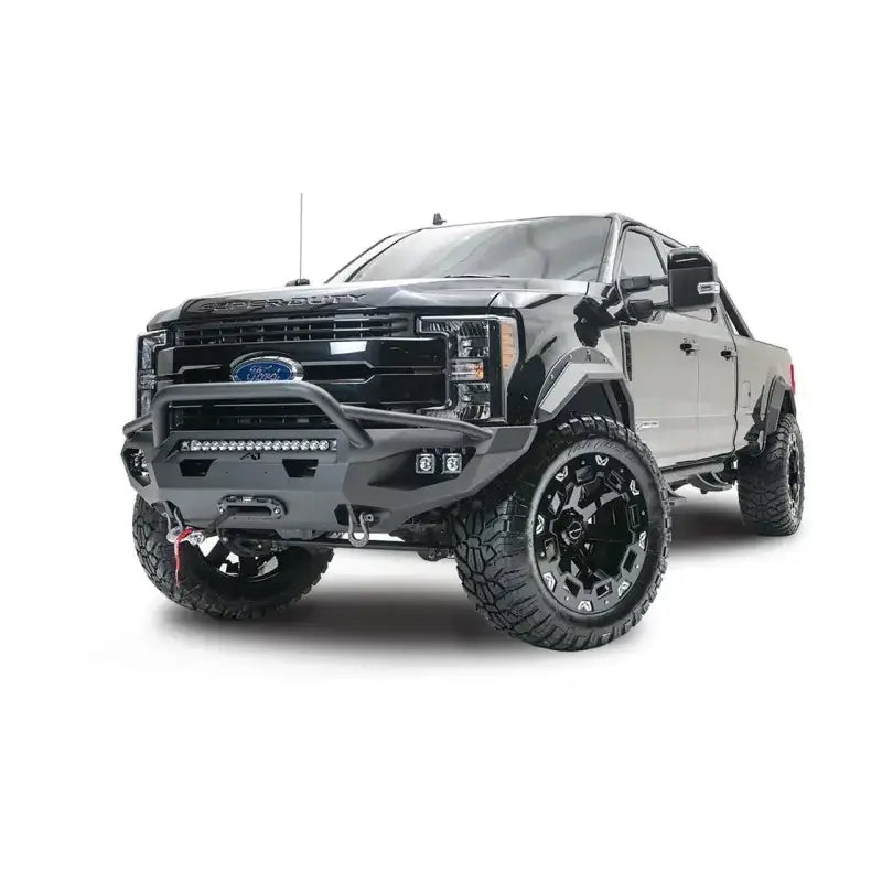 FS17-X4152-1 Fab Fours Ford Sd Matrix Front with Pre Runner Guard on a Ford Super Duty, showcasing an aggressive off-road appearance, high-quality construction, and enhanced vehicle protection.