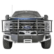 Front view of a truck equipped with an FS23-N5970-1 Fab Fours Winch Mount, showcasing robust construction and seamless integration for enhanced off-road performance, Winches & Hitches, AVADA - Best Sellers, Must Haves