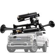 White pickup truck with air horns featuring Kleinn Auto Onboardair system for F250 F350 450
