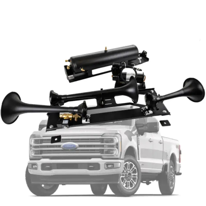 White pickup truck with air horns featuring Kleinn Auto Onboardair system for F250 F350 450