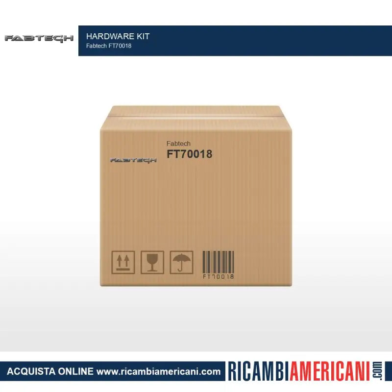 Cardboard box for FT70018 Fabtech Hardware Kit showing small hardware pieces