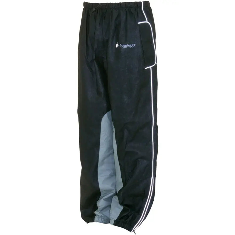 Black and grey waterproof Road Toad Rain Pants with reflective accents for toad rain gear