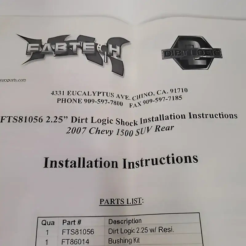 Fabtech installation instructions for FT86014 Fabtech hardware and bushing kit