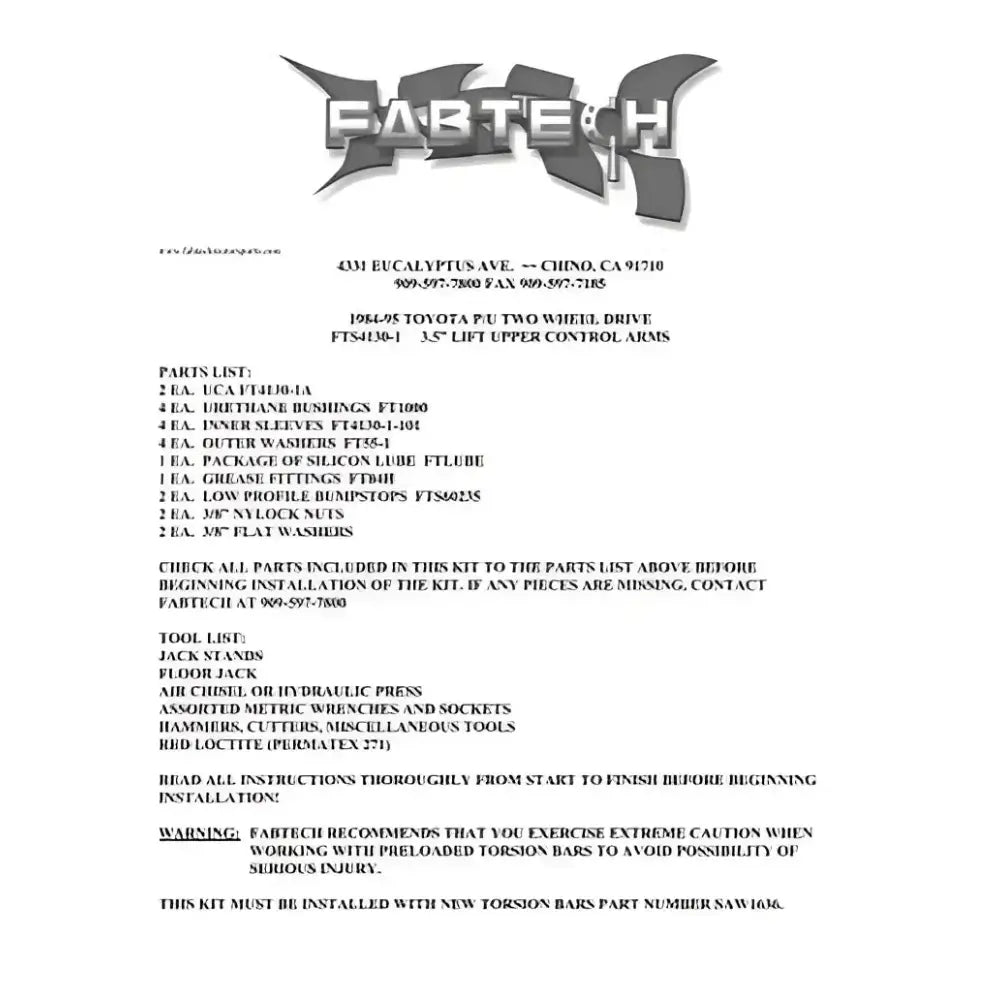 Fabtech lift kit instructions with FTLUBE Fabtech grease for easy installation