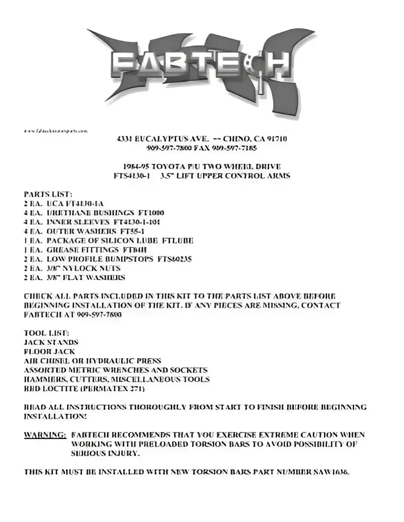 Fabtech lift kit instructions with FTLUBE Fabtech grease for easy installation