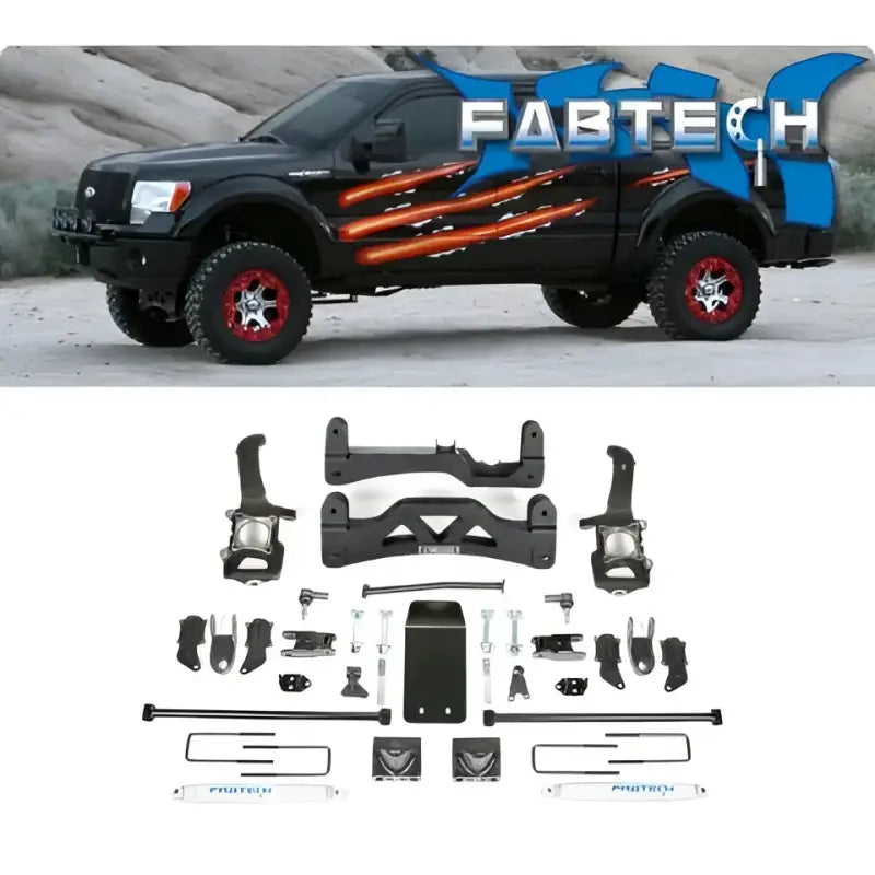 Black F150 4WD pickup with FTS22130 Fabtech 6-inch lift kit for off-road fun