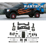 Black Ford F-150 4WD pickup with lift kit and red rims, FTS22130 Fabtech box components