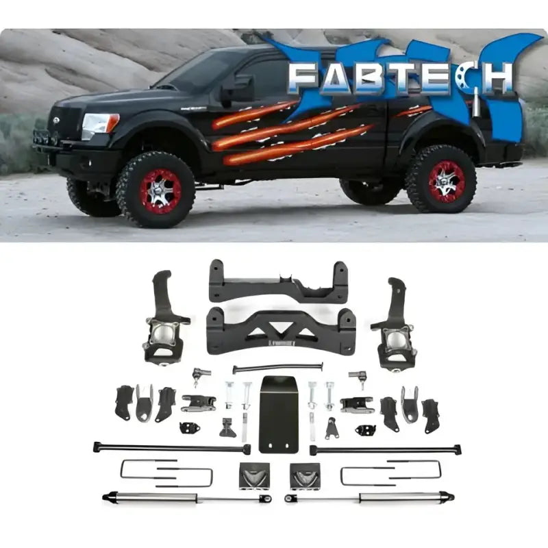 Black Ford F-150 4WD pickup with lift kit and red rims, FTS22130 Fabtech box components