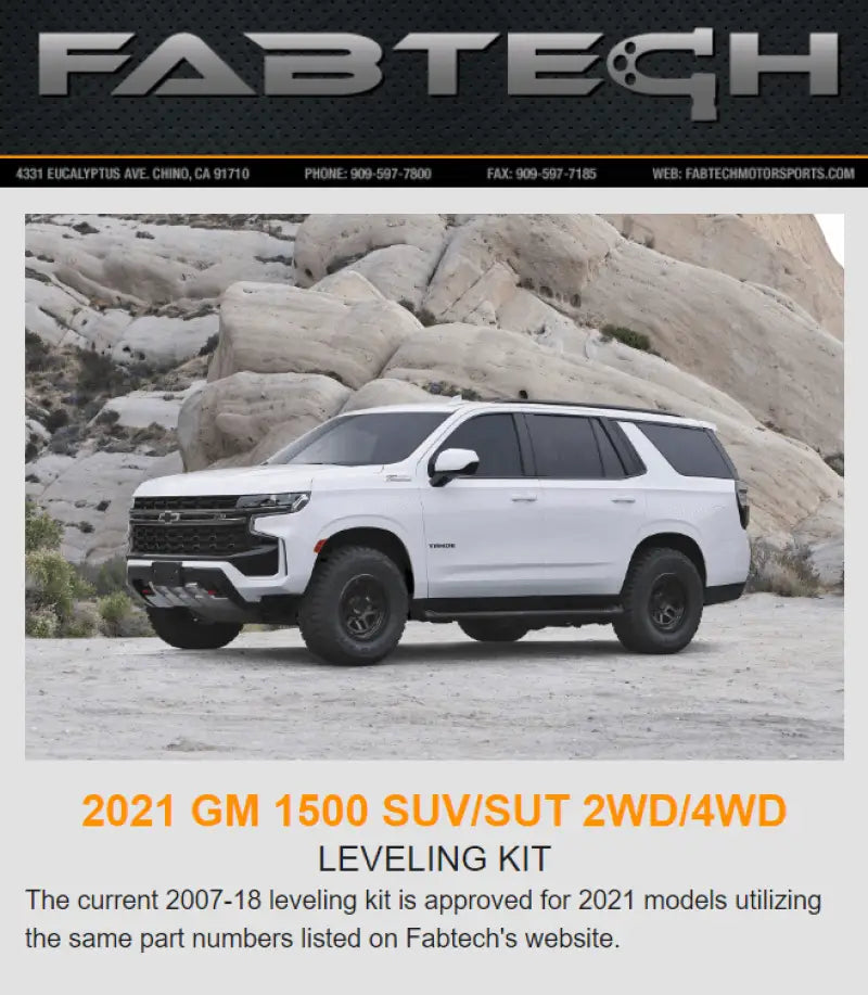 FTS23174 Fabtech Motorsports lift kit for black and white 2021 GM 1500 SUV/SUT leveling