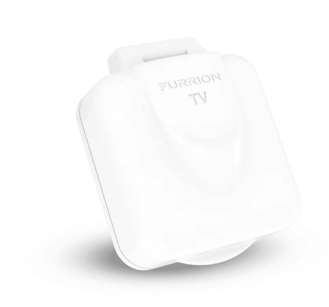 FTVINB-PS-OEM Furrion Llc Baby Tv Inlet Single F Connector for RV and marine use, white rectangular cover with Furrion branding.