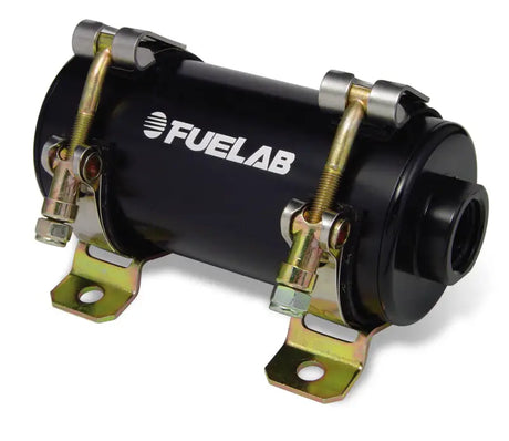 Black cylindrical fuel filter with mounting brackets for Fuelab Prodigy Reduced Size Fuel Pump