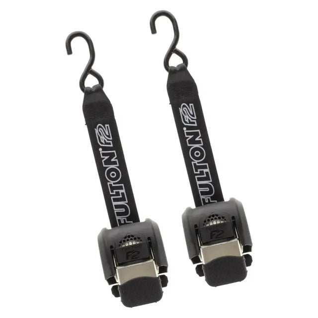 Fulton F2 Retractable Transom Tie Downs Z 2062000, secure boat tie-downs, tangle-free storage, strong and secure hold, convenient transportation, black straps with hooks.